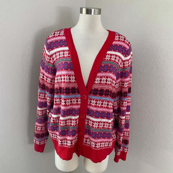 Lane Bryant Womens Plus 18/20 Cardigan Sweater Red Fair Isle Cotton Blend Knit - Picture 1 of 11